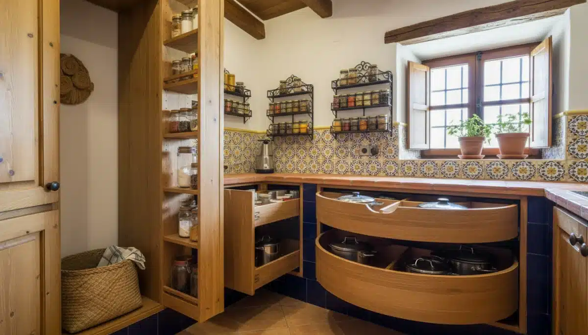 Cocina con soluciones de almacenamiento extraíbles y rinconeras inteligentes.
