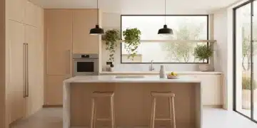 Cocina española moderna y funcional con diseño minimalista e iluminación natural, ideal para una reforma en 2026.