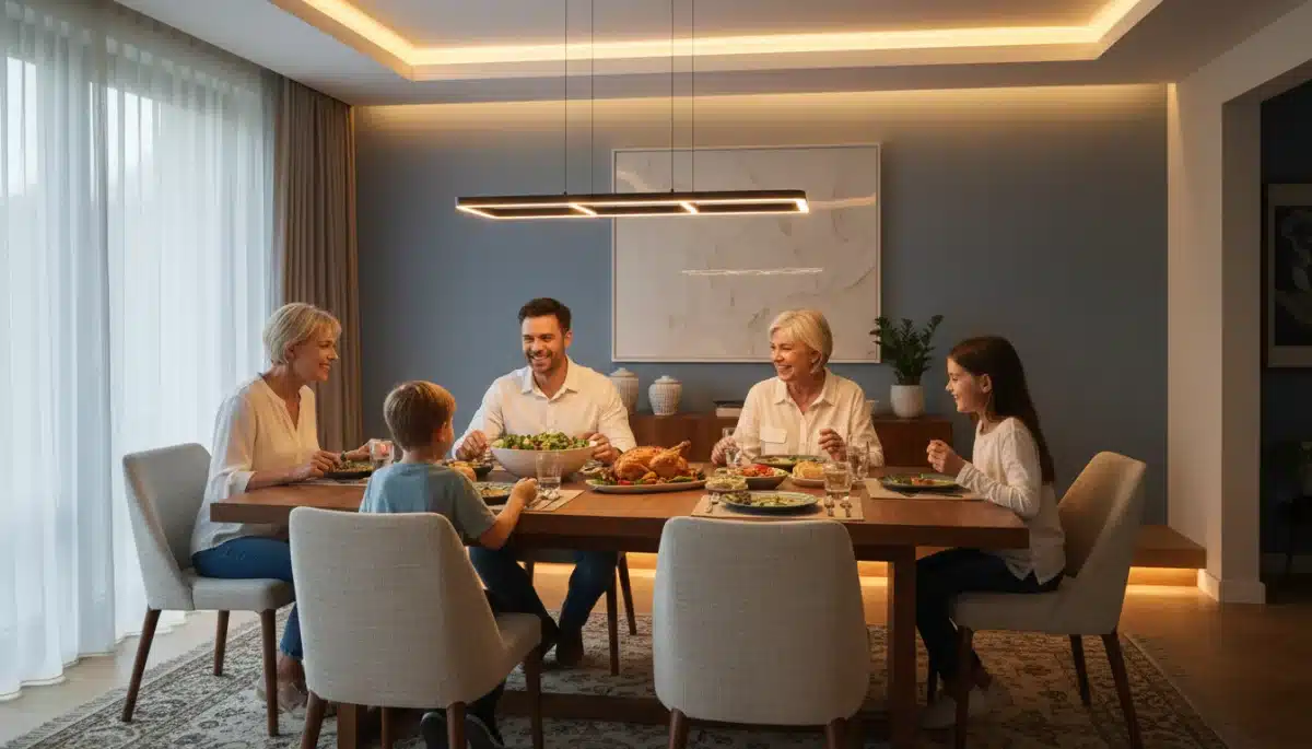 Comedor familiar iluminado con sistemas LED ajustables, creando un ambiente acogedor y funcional.