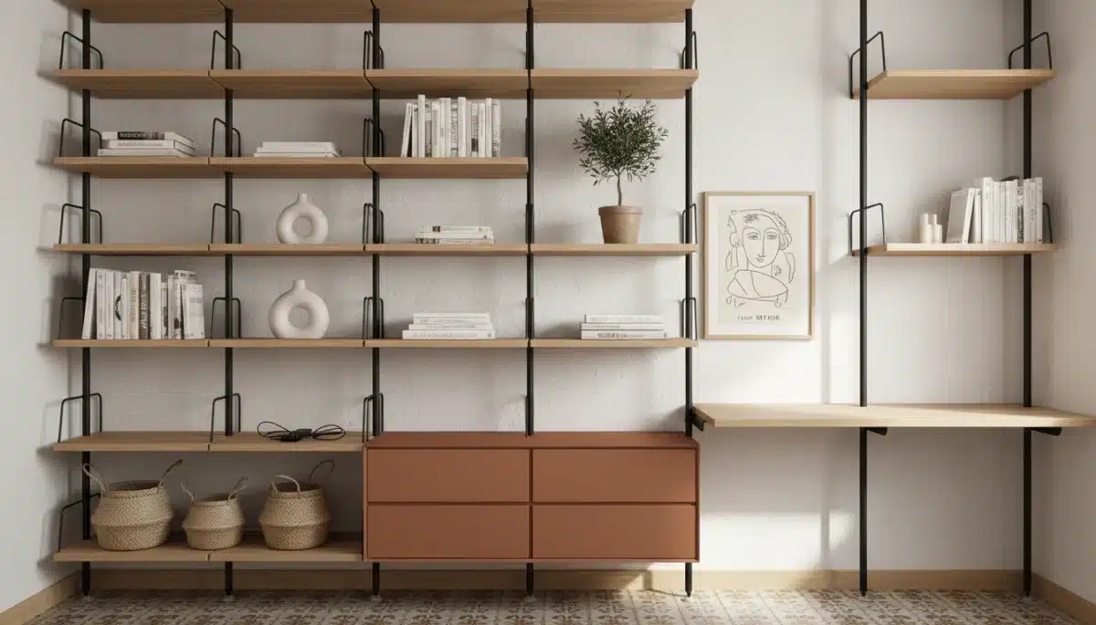 Sistema de estanterías modular y ajustable en un apartamento pequeño.