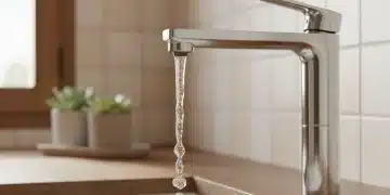 Grifo moderno con chorro de agua controlado, simbolizando el ahorro de agua en el hogar.