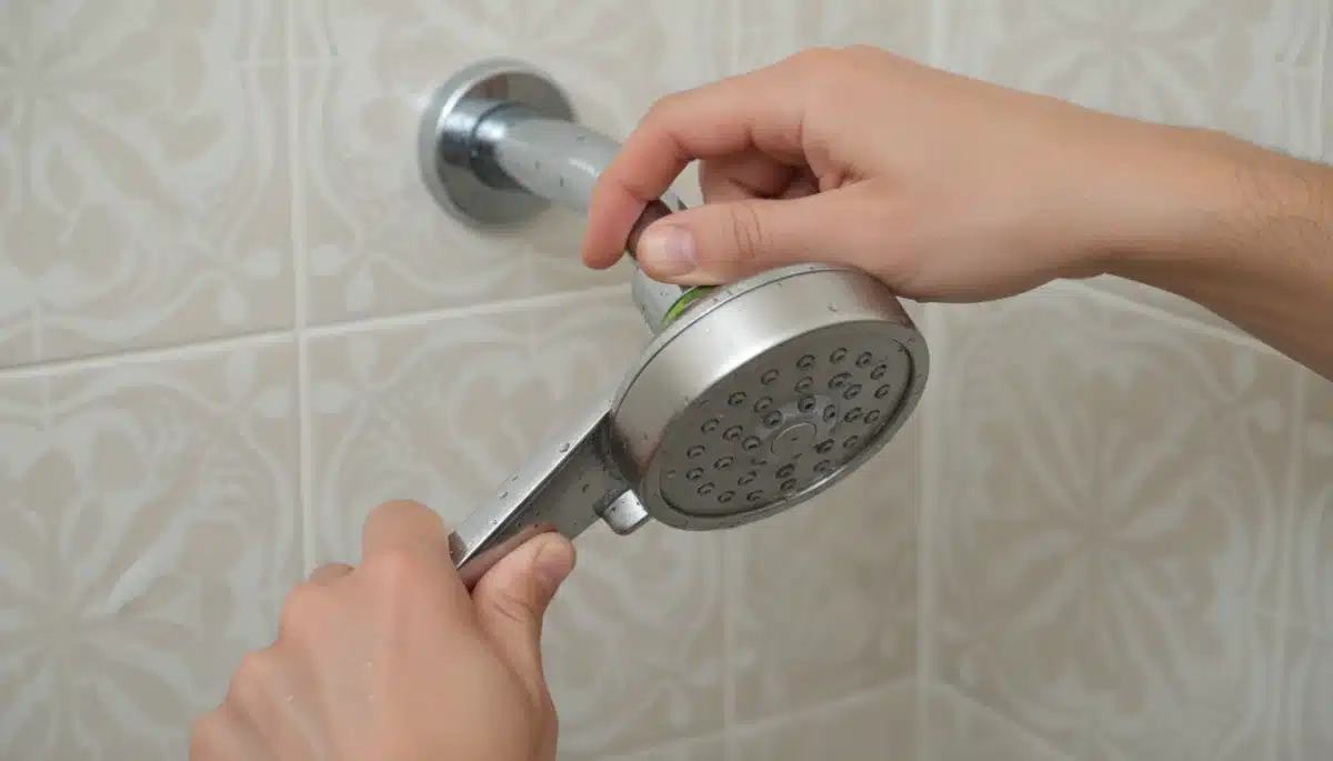 Manos instalando una alcachofa de ducha de bajo consumo para reducir el gasto de agua.