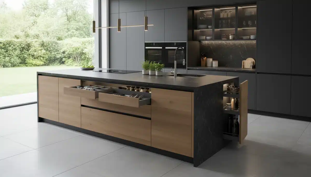 Isla de cocina elegante con fregadero y placa de inducción integrados, optimizando el espacio y la funcionalidad.