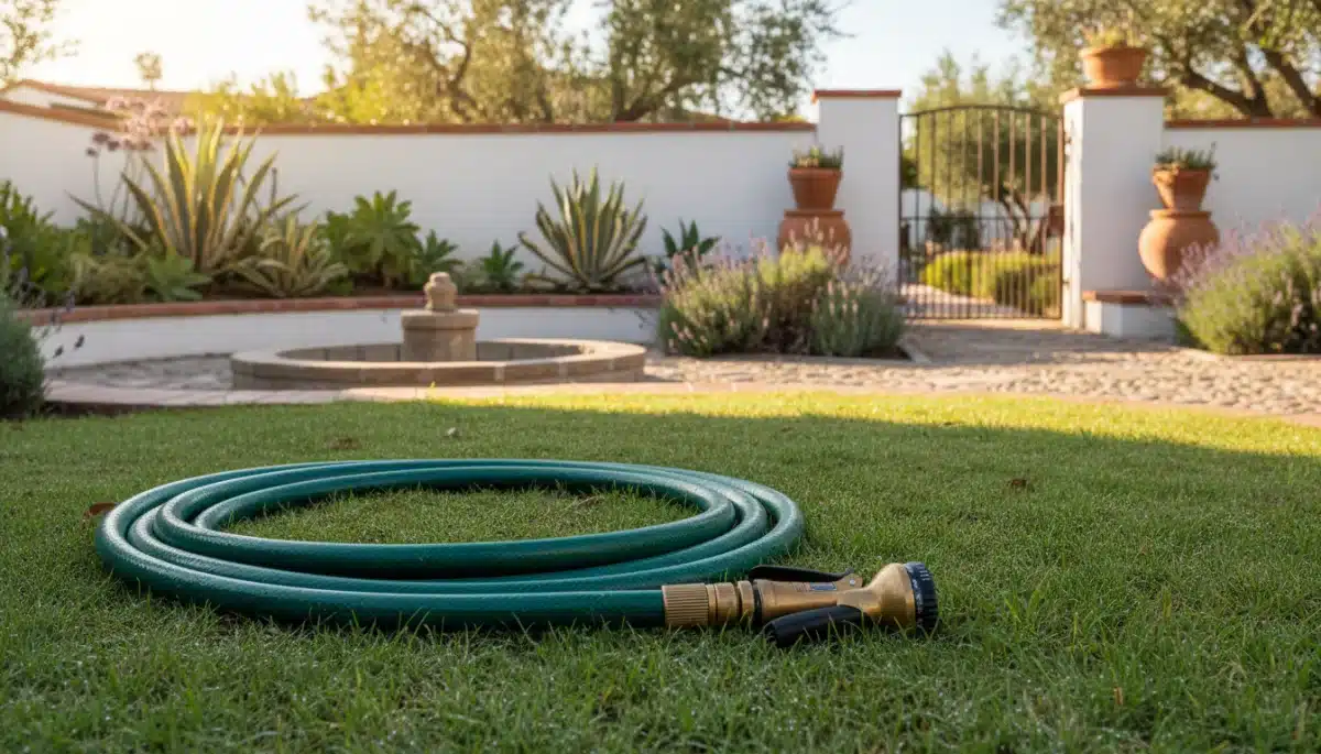 Manguera de jardín con boquilla cerrada sobre césped, ilustrando el uso eficiente del agua exterior.