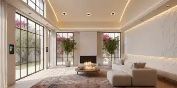 Salón moderno en un hogar español iluminado eficientemente con iluminación LED cálida y acogedora.