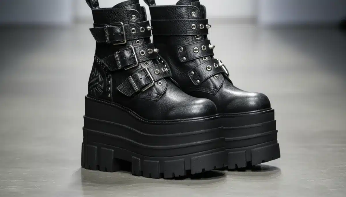 Primer plano de botas de plataforma de cuero negro, destacando su diseño robusto y detalles de moda.