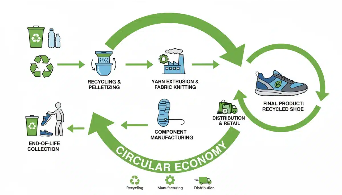Infografía sobre el ciclo de vida del calzado con materiales reciclados, economía circular.