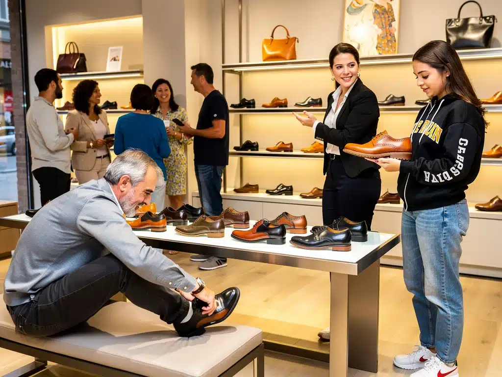Consumidores interactuando con calzado español en una tienda moderna, destacando la experiencia del cliente.