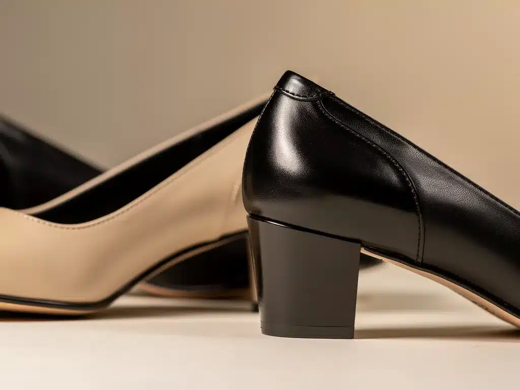 Detalle de unos elegantes zapatos de tacón sensato, destacando su diseño y altura moderada para mayor confort.