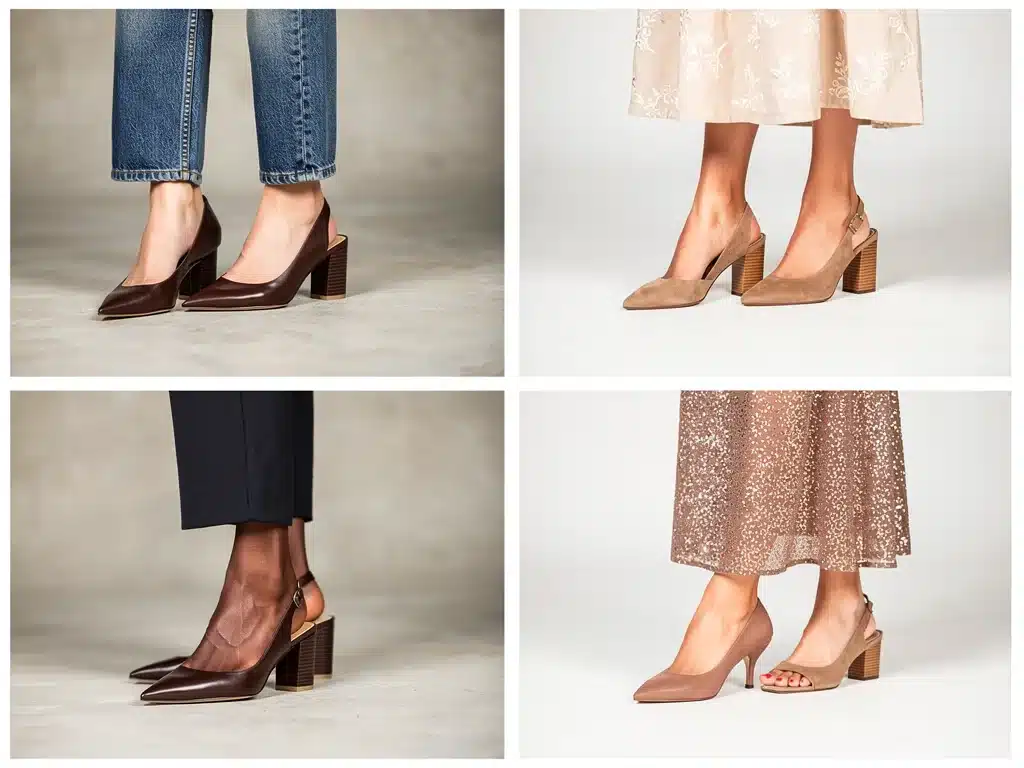 Varias influencers españolas mostrando diferentes estilos de zapatos de tacón sensato combinados con diversos atuendos.