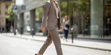 Influencer española luciendo zapatos de tacón sensato en un entorno urbano, reflejando estilo y comodidad.