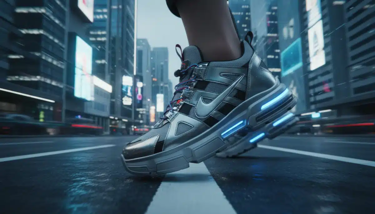 Zapatillas futuristas con detalles metálicos y plataforma, destacando en las tendencias calzado invierno 2026.