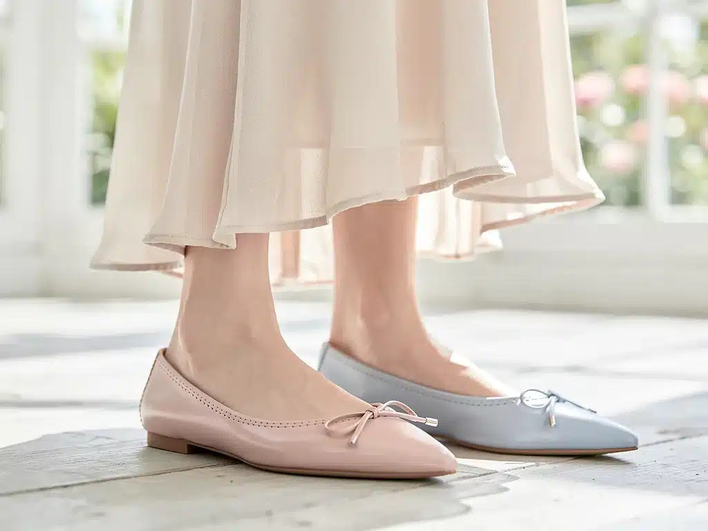 Bailarinas de punta fina en tono pastel combinadas con un vestido fluido, reflejando delicadeza y feminidad.