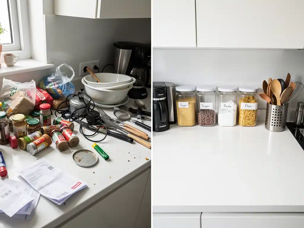 Cocina organizada y despejada después de aplicar técnicas de limpieza
