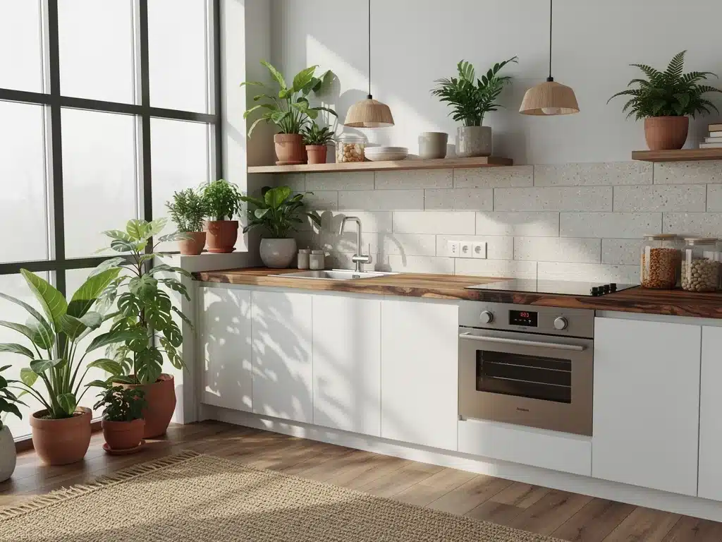 Cocina sostenible con materiales reciclados y plantas, una de las tendencias clave en decoración del hogar para 2026 en España.