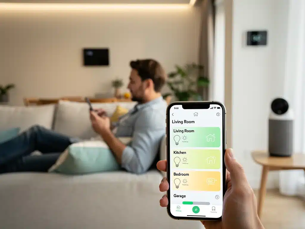 Persona controlando dispositivos de hogar inteligente desde una aplicación móvil para optimizar el consumo de energía.