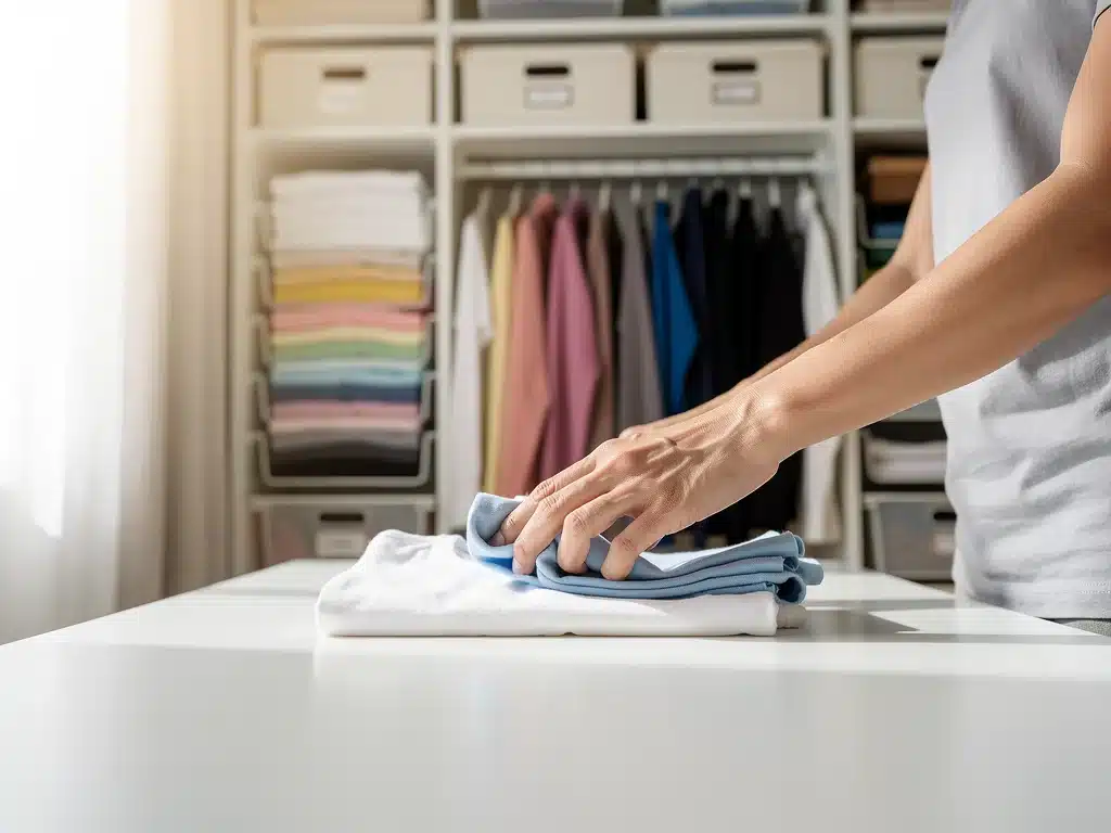 Persona doblando ropa con método experto en un armario organizado