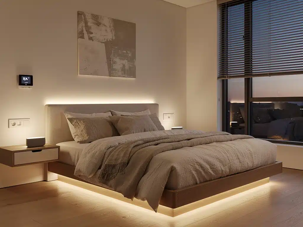 Dormitorio con tecnología inteligente y diseño minimalista, reflejando innovaciones en la decoración del hogar para 2026.
