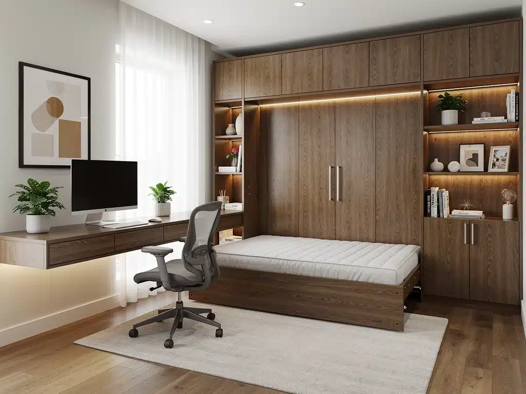 Habitación multifuncional con escritorio plegable y cama abatible, una solución innovadora para optimizar espacios pequeños en las reformas del hogar.