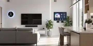 Interior de un hogar inteligente moderno en 2026, con dispositivos integrados y un ambiente de eficiencia energética.