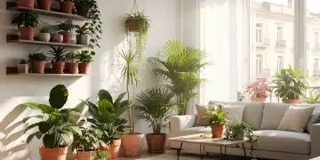 Salón moderno con plantas de interior en un apartamento urbano español, creando un ambiente verde y relajante.