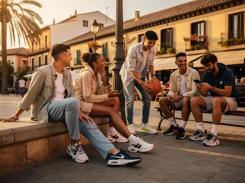 Grupo de jóvenes españoles usando diferentes modelos de calzado deportivo urbano en un entorno casual.