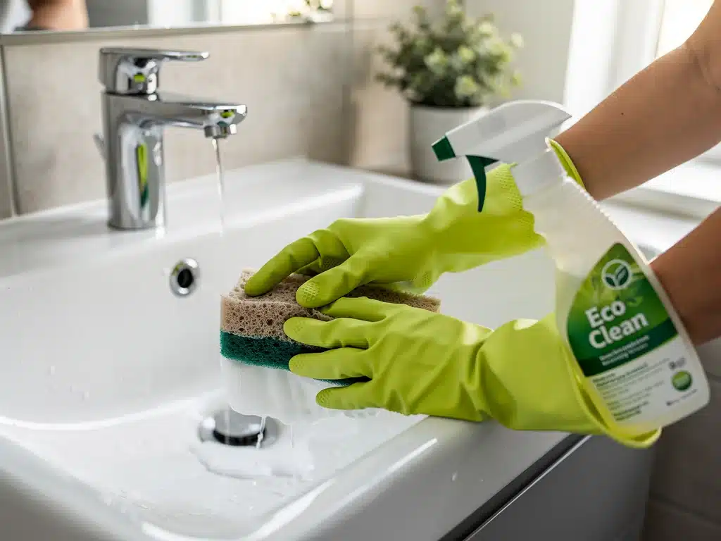 Persona limpiando un lavabo con productos ecológicos, reflejando eficiencia y cuidado.