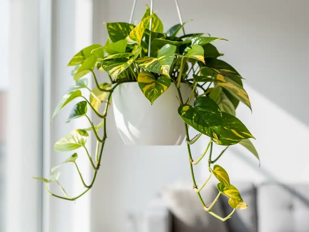 Detalle de una planta Pothos (Epipremnum aureum) con hojas verdes y amarillas, colgando en un interior luminoso.