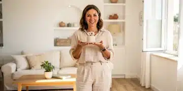 Salón moderno y ordenado tras aplicar la guía de organización del hogar