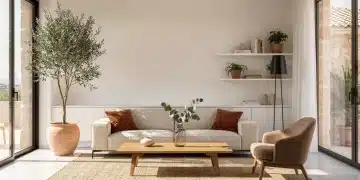 Salón moderno con tendencias de decoración del hogar para 2026 en España, con mobiliario minimalista y elementos naturales.