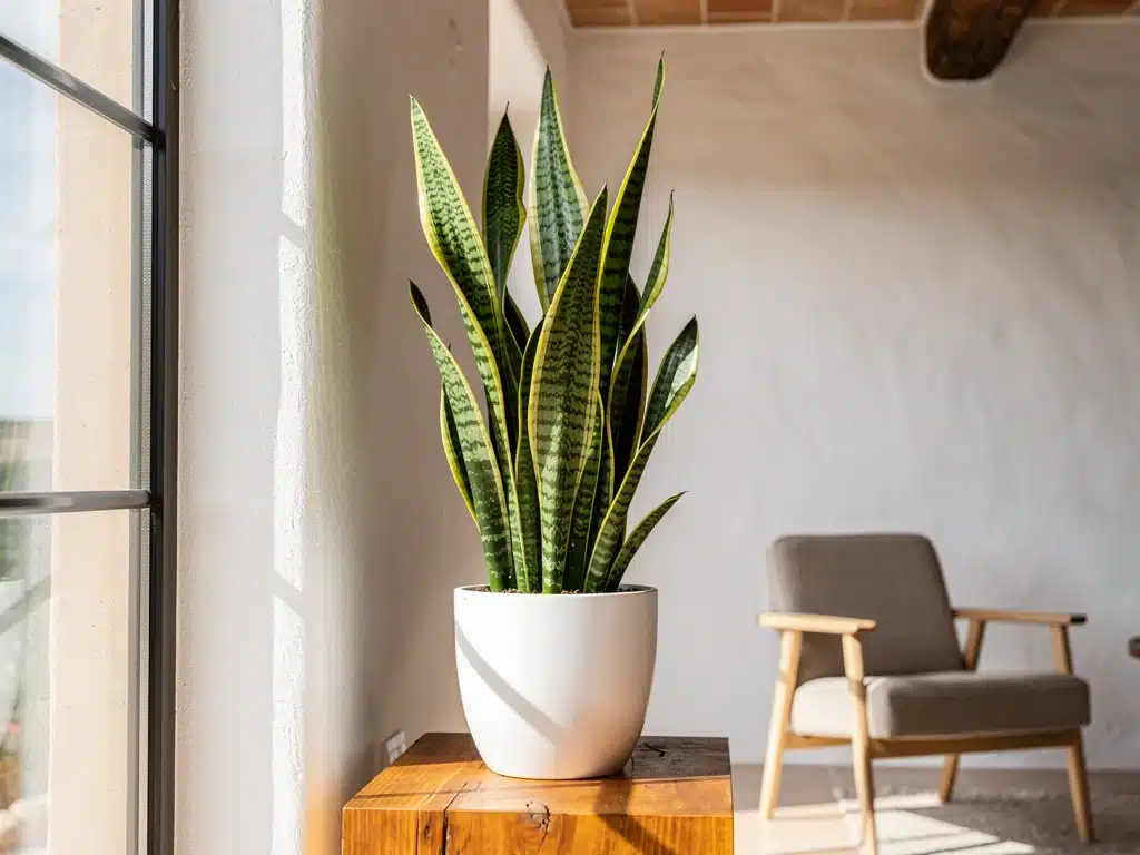 Planta Sansevieria (lengua de suegra) en maceta elegante sobre mesa de madera en un hogar contemporáneo.