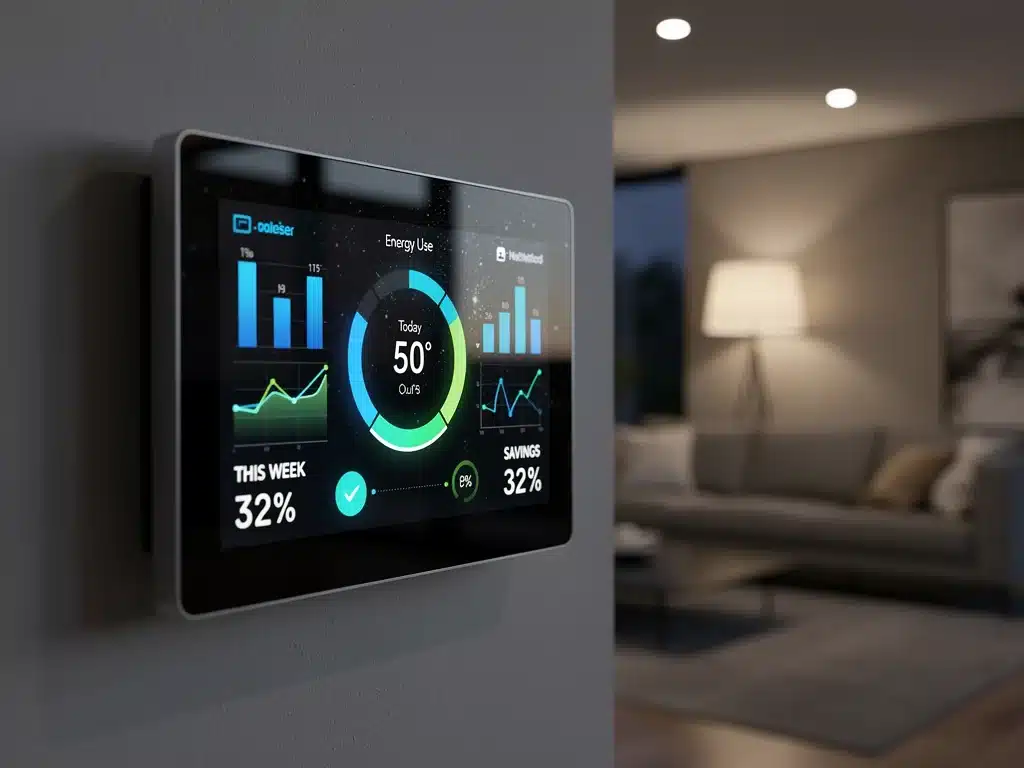 Termostato inteligente mostrando datos de consumo energético y ahorro en un hogar.
