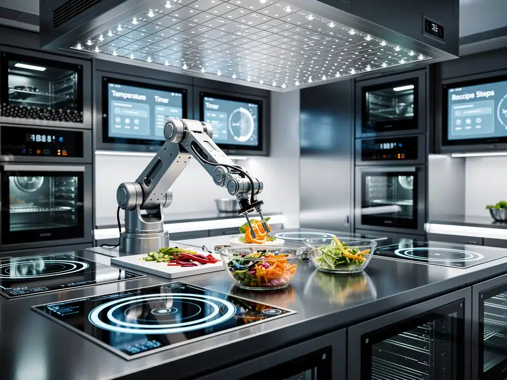 Brazo robótico preparando alimentos en una cocina automatizada