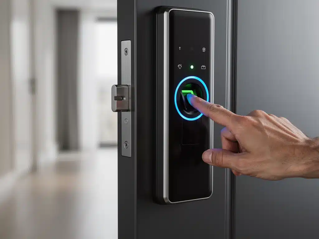 Primer plano de cerradura inteligente con escáner biométrico para acceso seguro al hogar.