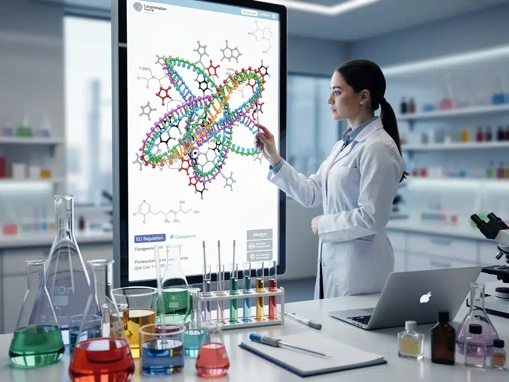 Científico analizando componentes moleculares en un laboratorio, reflejando la complejidad de las nuevas regulaciones de la UE para 2026 en la composición de los perfumes.