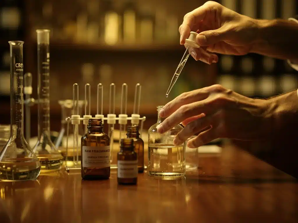 Maestro perfumista elaborando una fragancia exclusiva, mezclando aceites esenciales en un laboratorio artesanal.