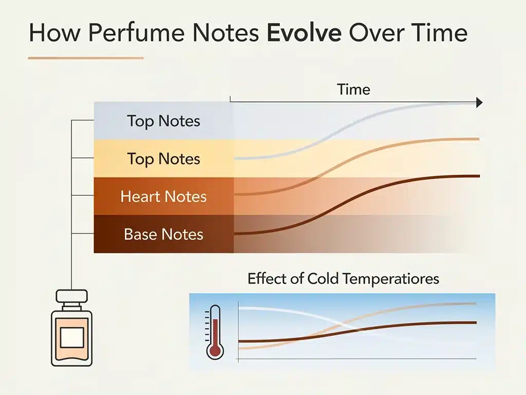 Diagrama explicativo sobre las notas de perfume y su evaporación, mostrando cómo el frío impacta la duración.