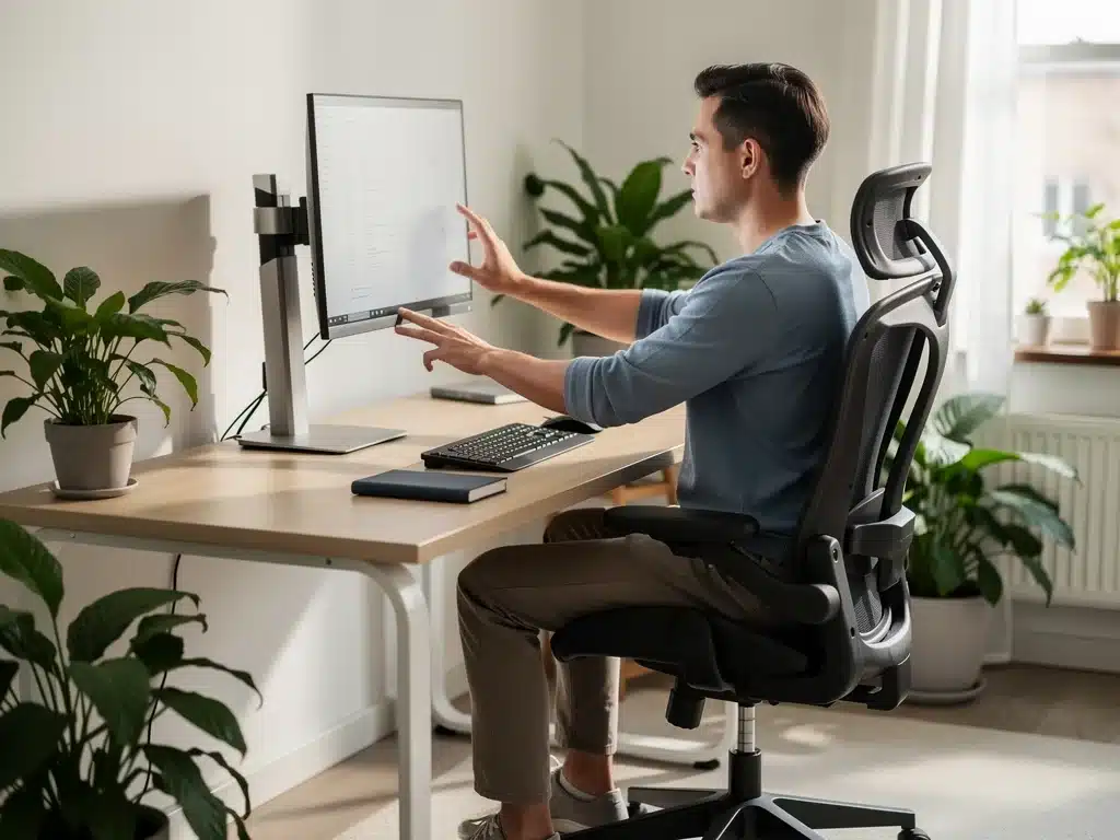Persona ajustando la altura del monitor en un escritorio ergonómico para una postura correcta