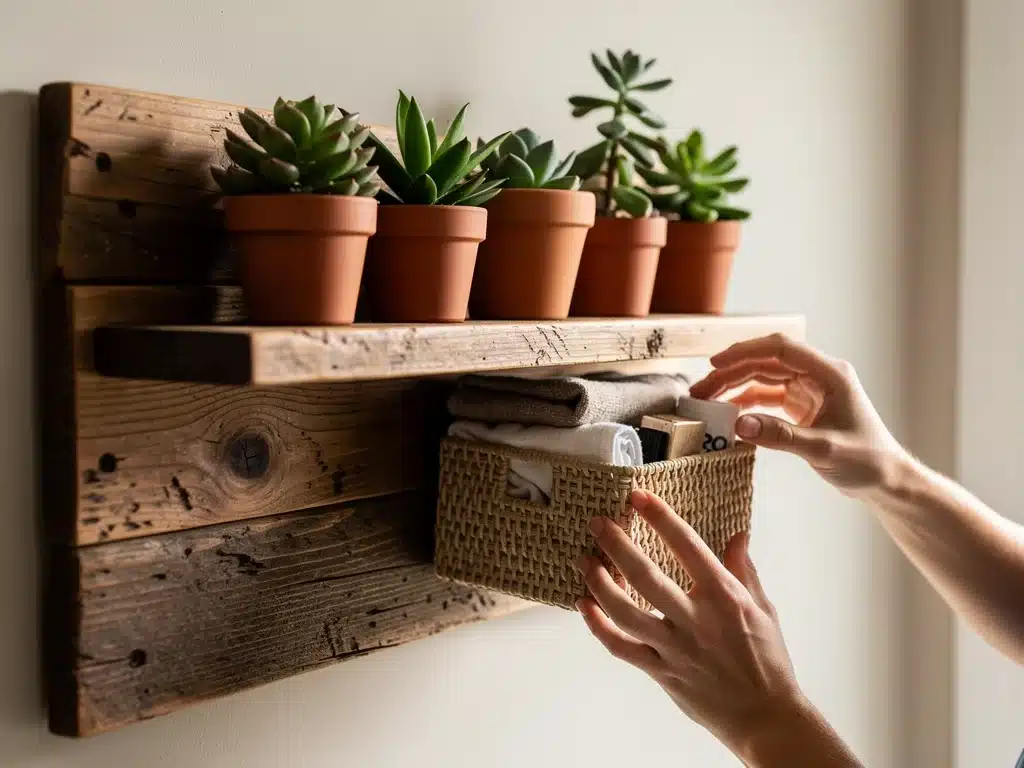 Estantería de pared DIY con madera recuperada y plantas suculentas, una idea de decoración sostenible para el hogar.
