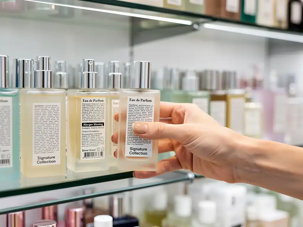 Estantería de perfumería con frascos mostrando nuevas etiquetas informativas, ilustrando el impacto de las regulaciones de la UE para 2026 en el etiquetado y la transparencia para el consumidor en España.