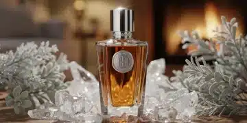 Frasco de perfume lujoso en un ambiente invernal, simbolizando la duración de la fragancia en invierno de 2026.