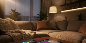 Salón moderno con iluminación inteligente que crea un ambiente acogedor y eficiente energéticamente.