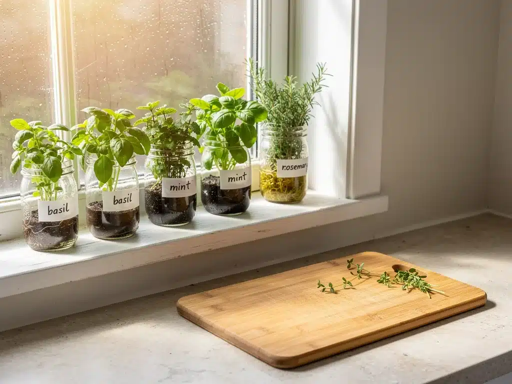 Esquina de cocina con jardín de hierbas en botes reciclados, un toque sostenible y fresco para el hogar.
