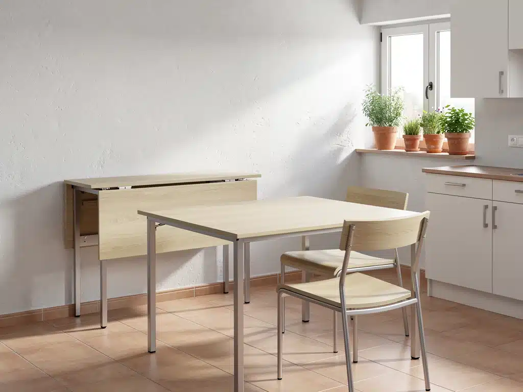 Mesa de comedor plegable que se convierte en consola, ideal para cocinas pequeñas en España.