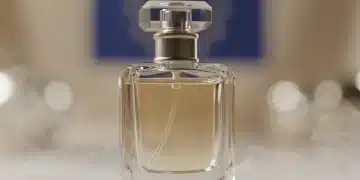Elegante frasco de perfume con un fondo difuminado de la bandera de la Unión Europea, simbolizando las nuevas regulaciones de la UE para 2026 que impactarán los perfumes en España.