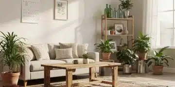 Salón acogedor con decoración sostenible y elementos ecológicos, ideal para un hogar moderno y consciente.