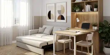Salón moderno con muebles multifuncionales en un apartamento español, optimizando el espacio.
