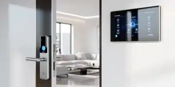 Interior de vivienda moderna con sistemas de seguridad avanzados y discretos para el hogar del futuro.