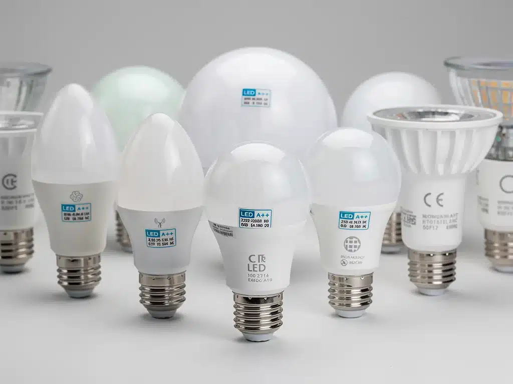 Variedad de bombillas LED inteligentes con diferentes formas y características técnicas para el hogar.