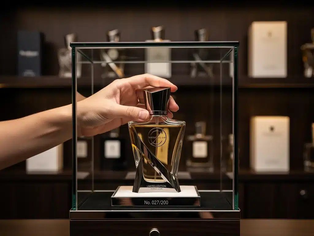 Mano colocando cuidadosamente una botella de perfume de edición limitada en un expositor de colección